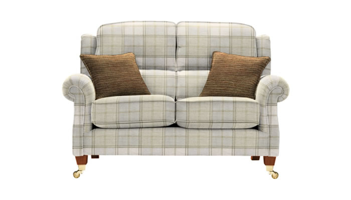 Parker Knoll Henley 2 Seater Sofa in Harris Check Duck Egg Fabric with Matteo Caramel Scatters and Cherry Legs